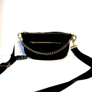 Ah.dorned Black Velvet Crescent Crossbody Bag Gold Chain Zip 10x6 in NWT